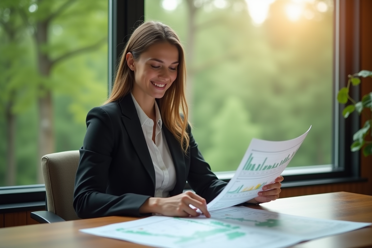 Jeune femme en bureau consulte des cartes forestieres