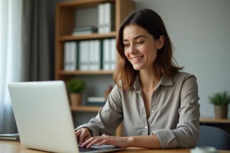 Femme concentrée sur son ordinateur dans un bureau lumineux