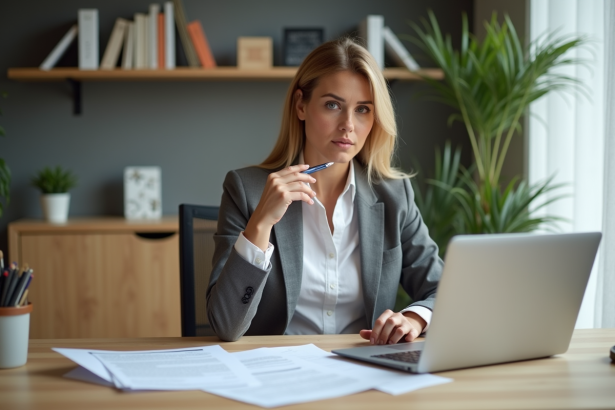 Femme en bureau moderne avec documents et ordinateur