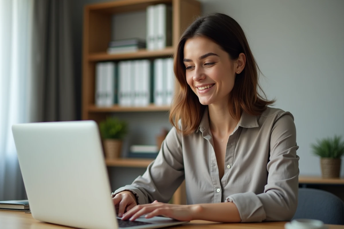Femme concentrée sur son ordinateur dans un bureau lumineux