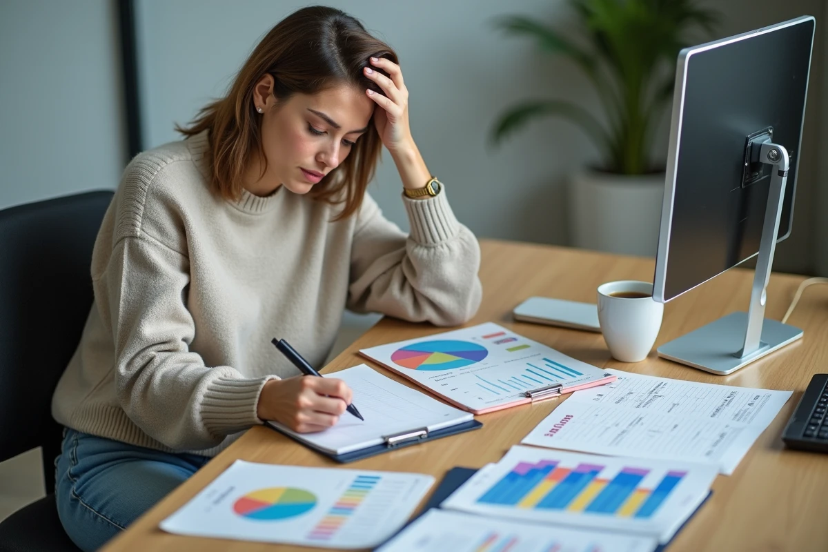 Jeune femme concentrée travaillant sur des feuilles de calcul