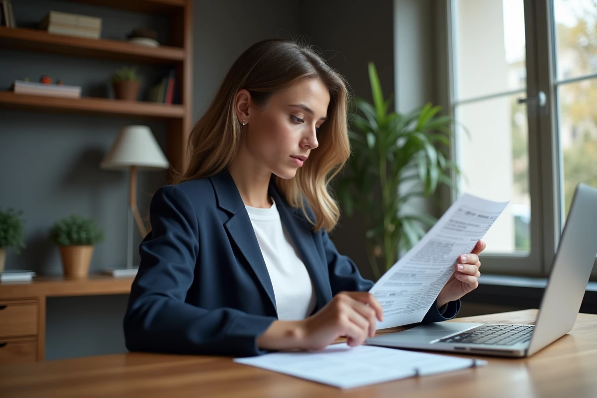 Jeune femme concentrée travaillant à son bureau à domicile