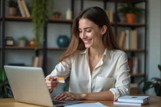 Femme d'affaires utilisant une carte sans contact au bureau