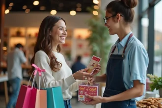 Femme avec bon cadeau et sac dans un magasin