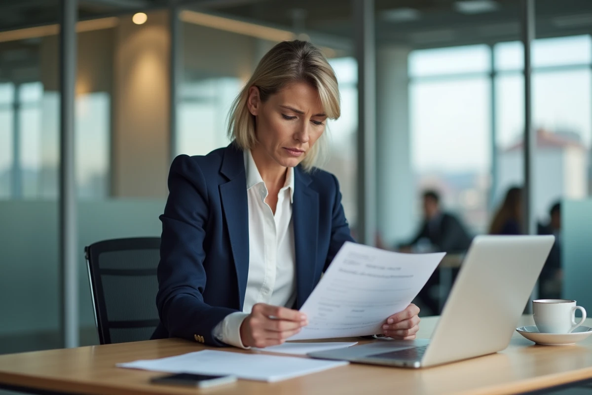 Femme cadre suisse examinant des documents sur le salaire minimum dans un bureau moderne à Genève