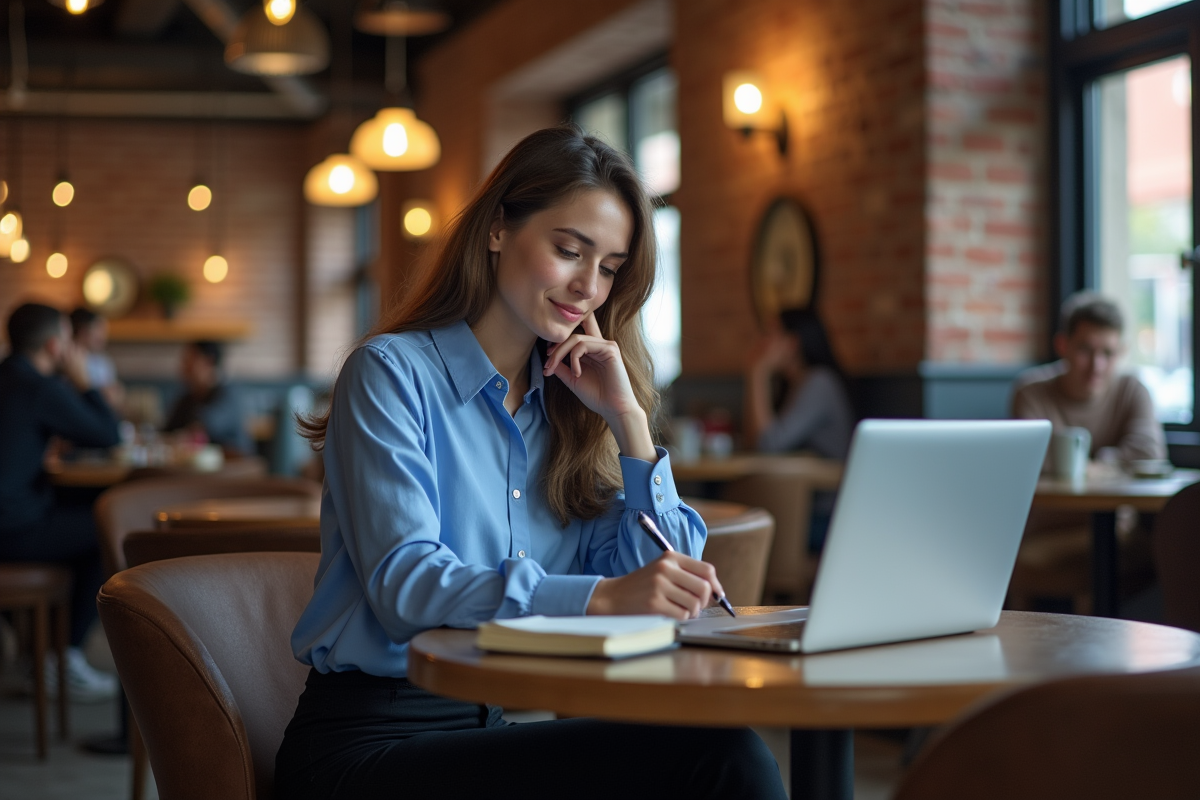 Jeune femme surveillant des données de marché dans un café