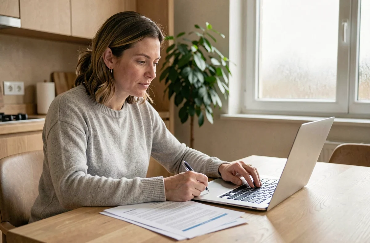 Femme consultant des documents d'assurance sur un comparateur en ligne depuis son appartement