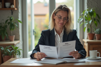 Femme d'âge moyen compare documents PEA et contrat