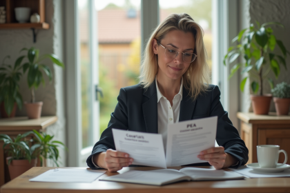 Femme d'âge moyen compare documents PEA et contrat