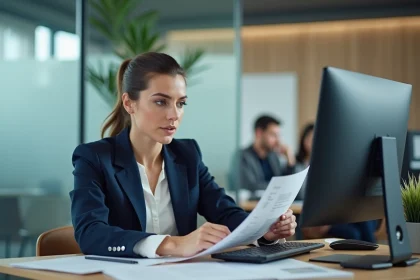 Femme comptable consultant un logiciel de suivi des acomptes d'impôt sur les sociétés sur un écran de bureau en open space