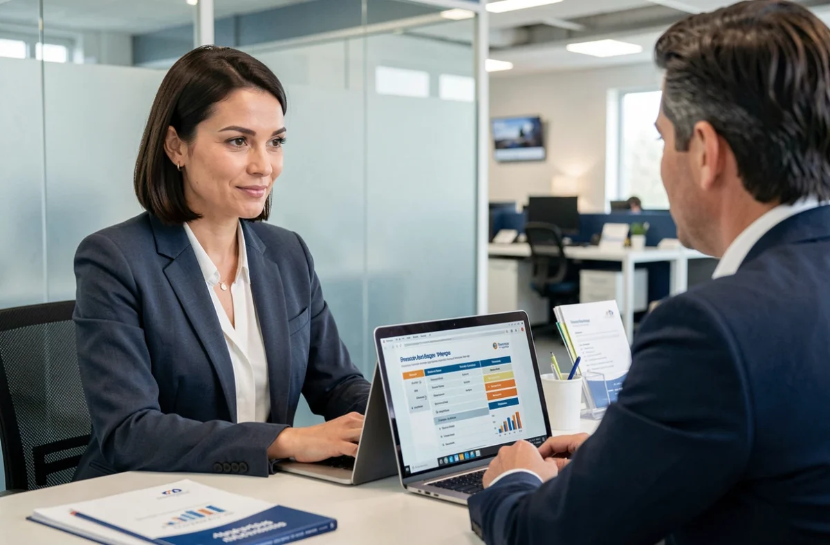 Femme consultant un conseiller bancaire pour comparer des offres d'assurance emprunteur