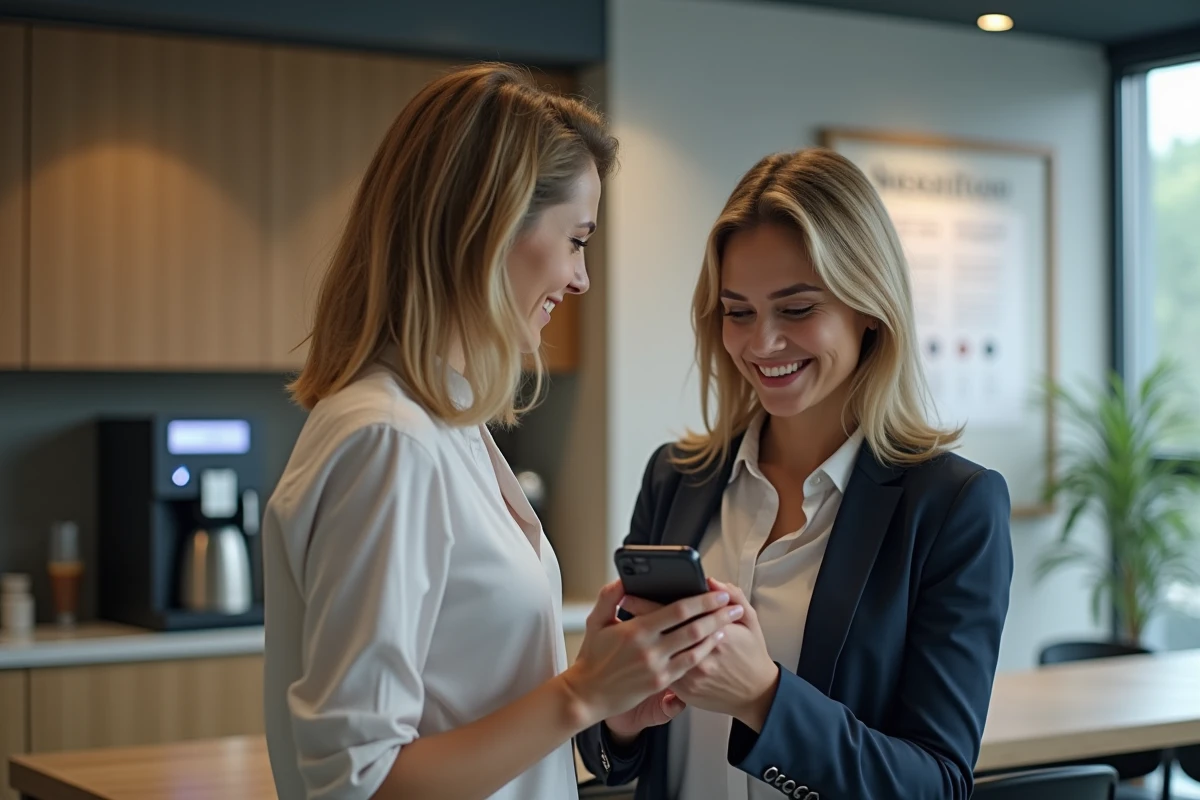 Femme souriante montrant sa fiche de paie sur son smartphone