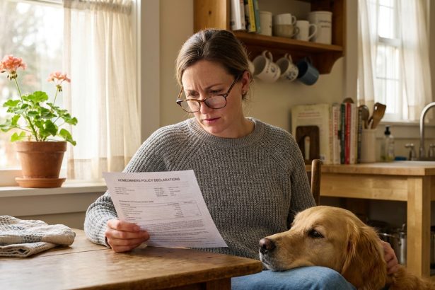Femme consultant son contrat de mutuelle animale avec son golden retriever posé sur ses genoux dans une cuisine chaleureuse