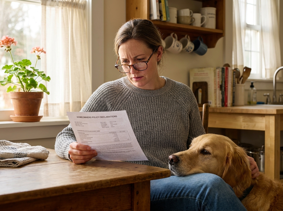 Femme consultant son contrat de mutuelle animale avec son golden retriever posé sur ses genoux dans une cuisine chaleureuse