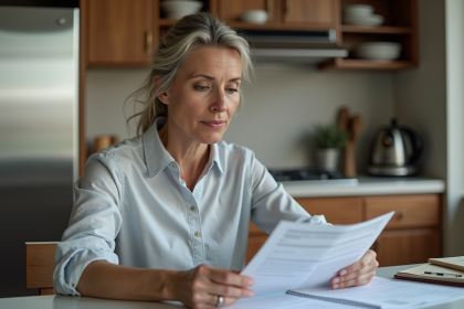Femme d'âge moyen examine des documents d'assurance à la maison