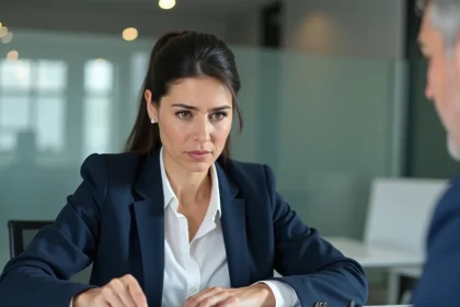 Femme anxieuse consultant ses documents de prêt face à un conseiller bancaire dans une agence moderne