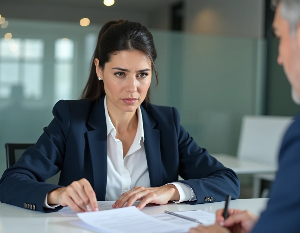 Femme anxieuse consultant ses documents de prêt face à un conseiller bancaire dans une agence moderne