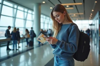 Jeune femme vérifiant le taux de change à l'aéroport