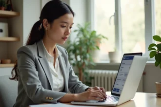 Femme consultant son espace client Société Générale sur un ordinateur portable depuis son bureau à domicile