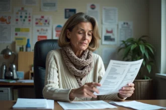 Femme d'âge moyen examinant une fiche de paie au bureau