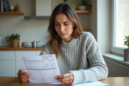 Femme examinant attentivement une facture Free papier à une table en bois dans un appartement moderne