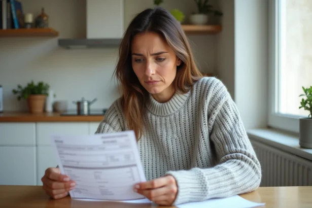 Femme examinant attentivement une facture Free papier à une table en bois dans un appartement moderne
