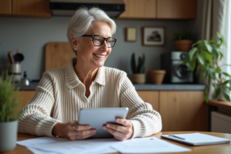 Femme d'âge moyen consulte documents financiers à la maison