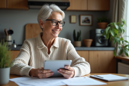 Femme d'âge moyen consulte documents financiers à la maison