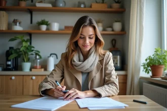 Femme au domicile remplissant des formulaires avec smartphone