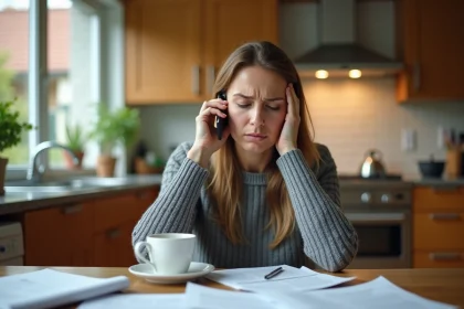 Femme frustrée au téléphone avec son assurance ECA, entourée de documents d'assurance sur une table de cuisine