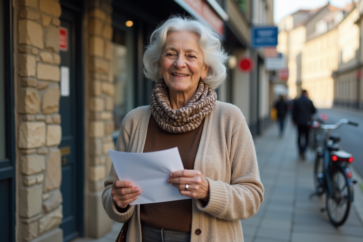 Femme âgée souriante vérifiant son courrier de pension devant la poste