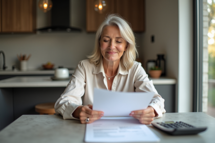 Femme moyenne âge vérifiant ses factures à la maison