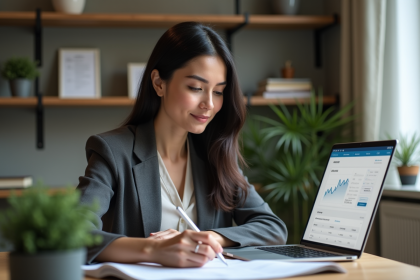 Femme étudie documents financiers dans un bureau moderne