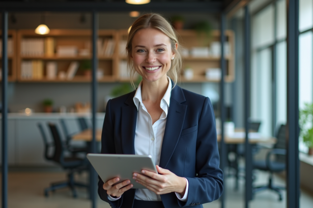 Femme confiante en tailleur navy dans une agence immobiliere