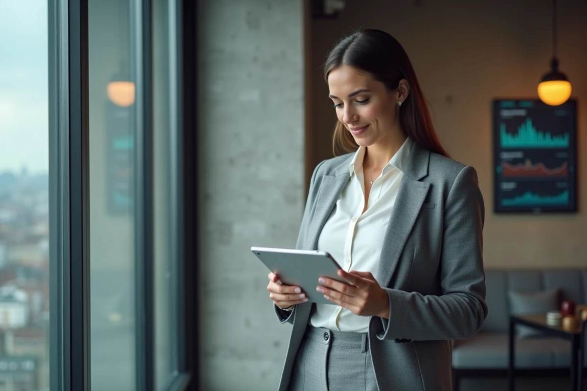 Jeune femme utilisant une tablette dans un espace de coworking