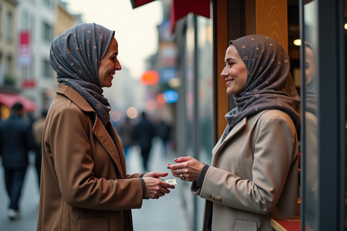 Femme âgée échangeant avec une vendeuse à un kiosque en ville