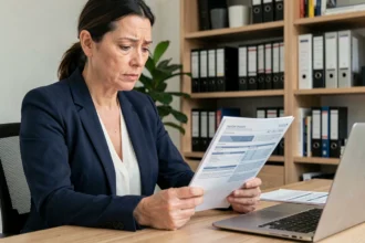 Femme lisant attentivement un contrat d'assurance emprunteur à son bureau à domicile, illustrant la loi Hamon et le changement d'assurance