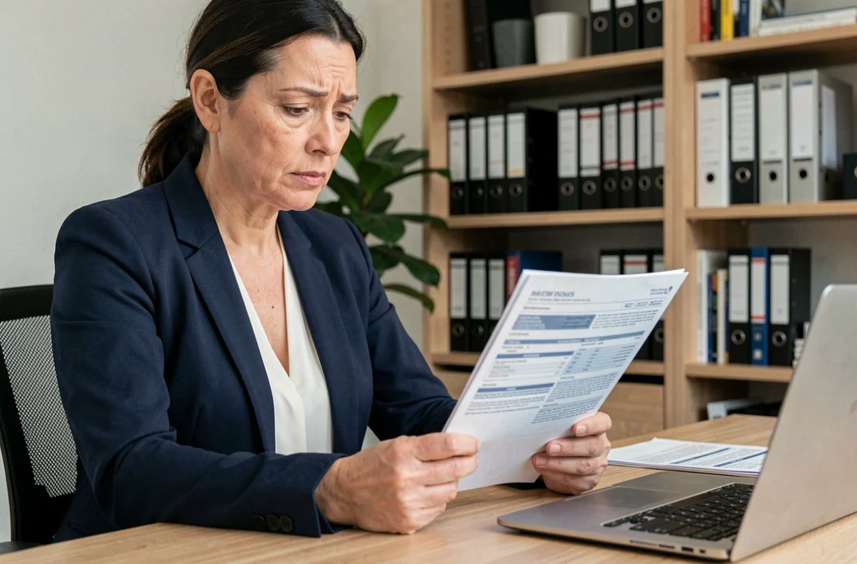 Femme lisant attentivement un contrat d'assurance emprunteur à son bureau à domicile, illustrant la loi Hamon et le changement d'assurance