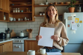 Femme souriante tenant une lettre dans une cuisine chaleureuse