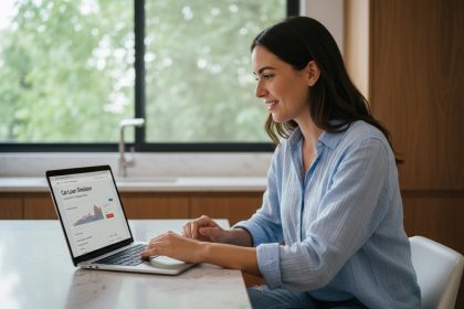 Jeune femme en cuisine consulte simulation de prêt auto