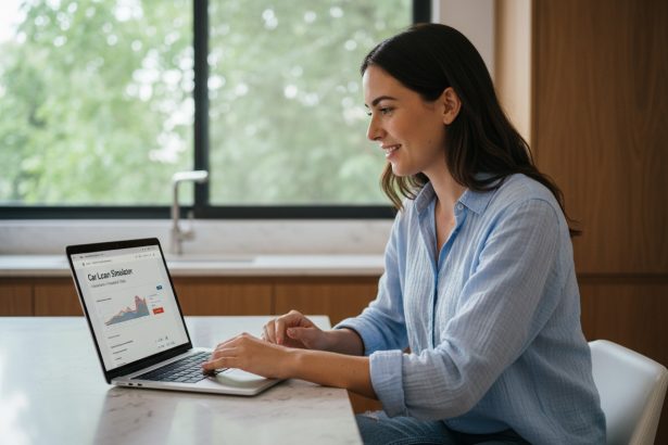 Jeune femme en cuisine consulte simulation de prêt auto