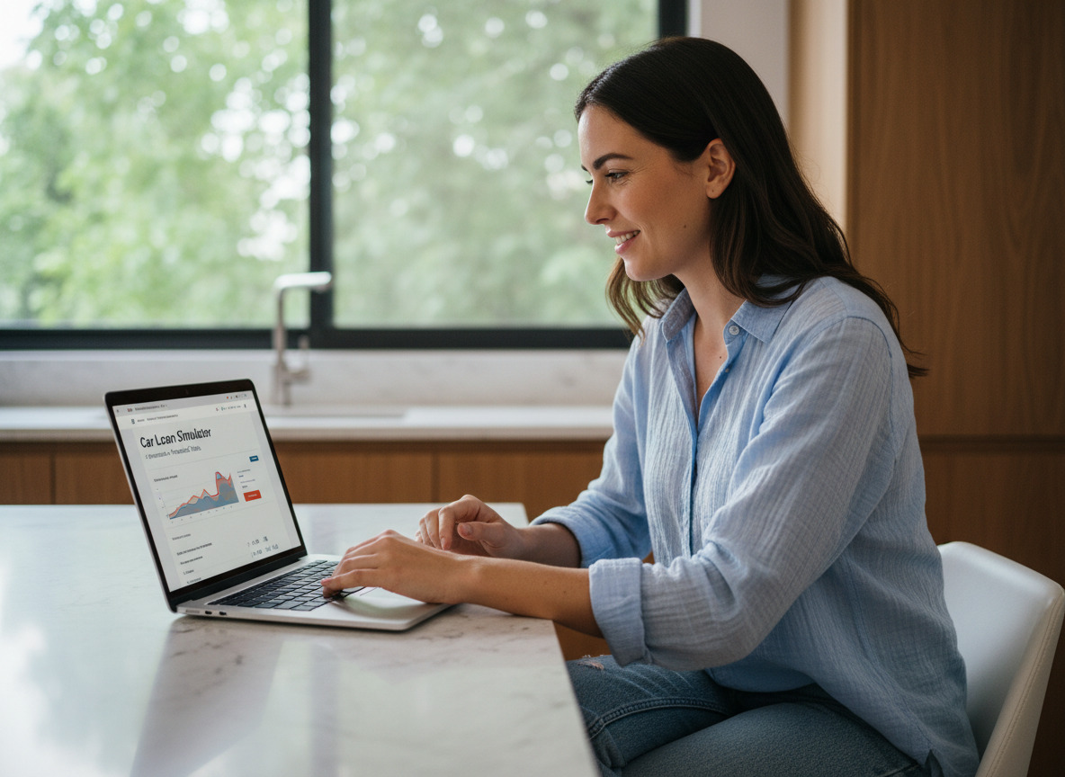 Jeune femme en cuisine consulte simulation de prêt auto
