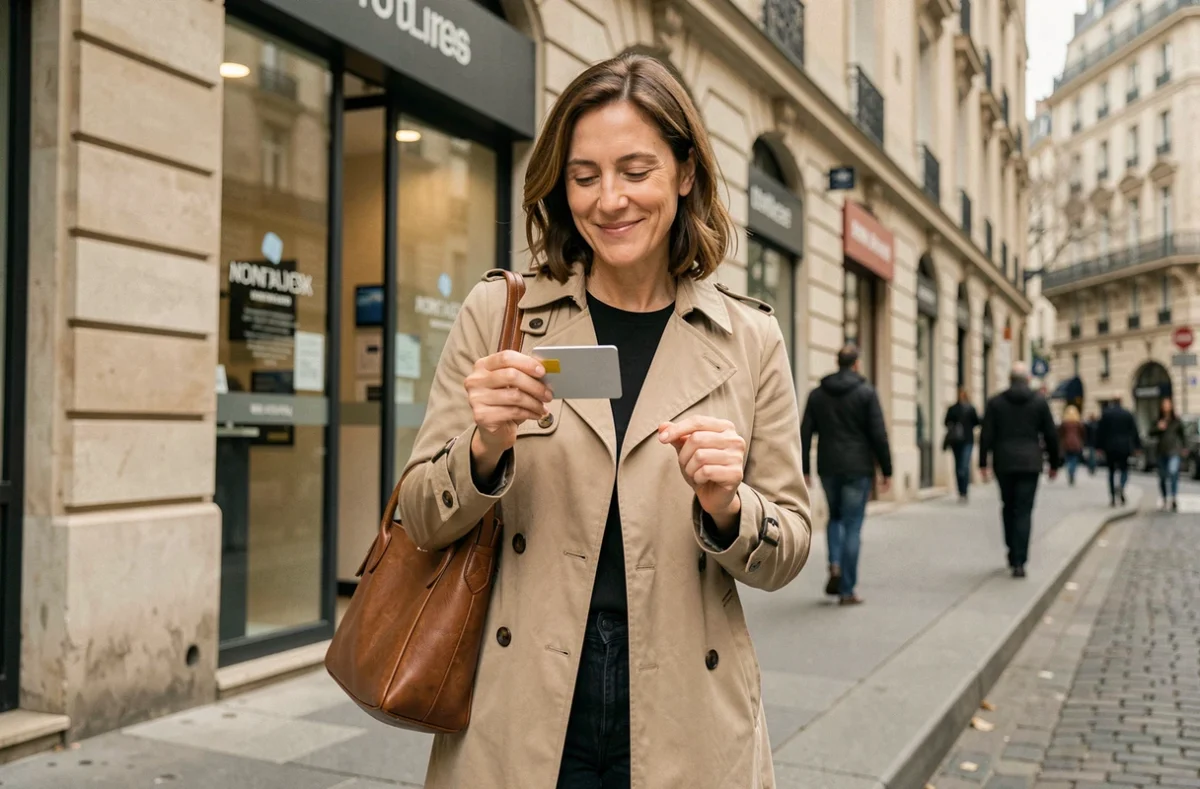 Femme souriante tenant une nouvelle carte bancaire devant une agence, symbolisant la fin de l'interdit bancaire