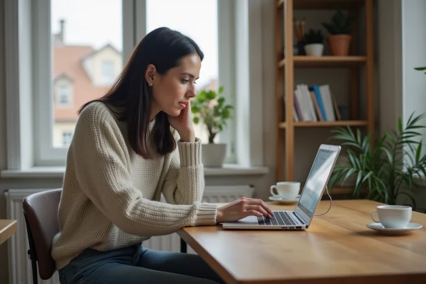 Femme concentrée sur son ordinateur dans un appartement cosy