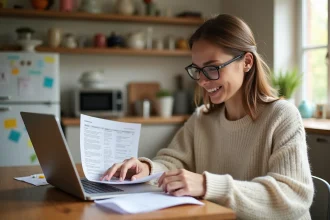 Femme regardant ses relevés bancaires à la maison