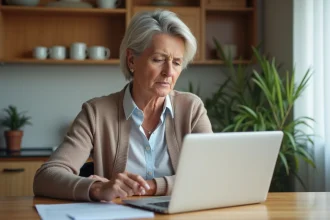 Femme d'âge moyen à la maison avec documents et ordinateur