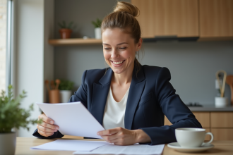 Femme souriante en blazer navy et blouse blanche travaillant à la maison