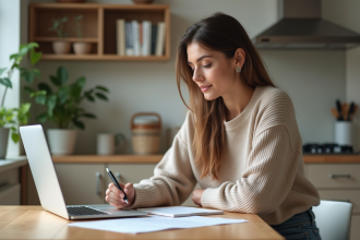 Femme concentrée travaillant à la maison avec papiers et ordinateur