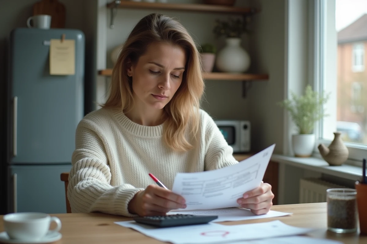 Femme concentrée à la maison avec papiers et calculatrice