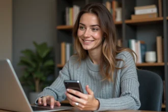 Femme utilisant PayPal sur smartphone pour payer sur Amazon sans carte bancaire depuis un bureau à domicile